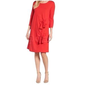 NWT Halogen Red Tie Front 3/4 Sleeve Jersey Knit Shift Dress Size Medium